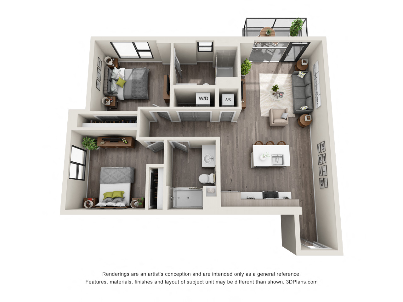 Floor plan for 2 beds, 2 baths, 1050 sqft